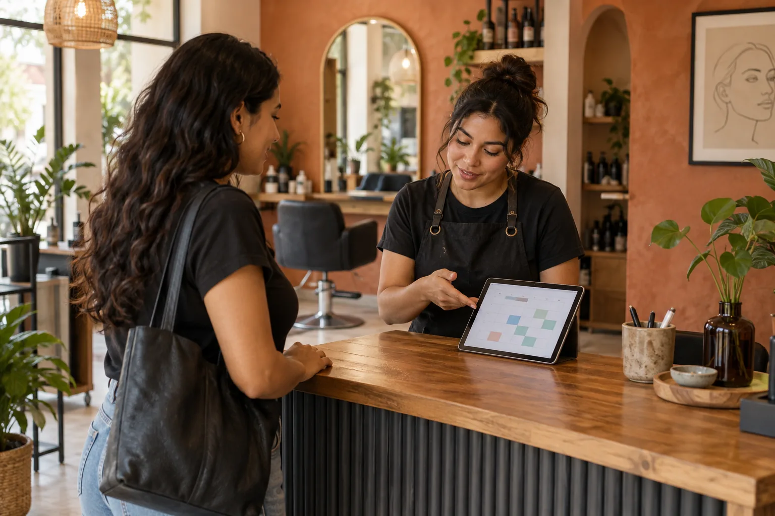 Una recepcionista revisa la agenda con una clienta para confirmar su cita.